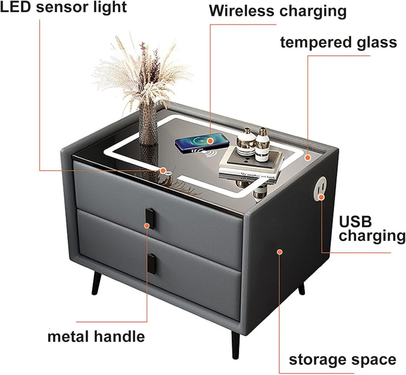 Comodino Intelligente con Ricarica Wireless e USB, Altoparlante Bluetooth, Comodino LED Multifunzionale con 3 Colori Oscurabili per Camera da Letto grigio
