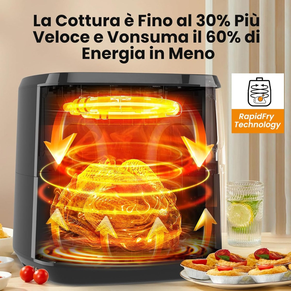 Friggitrice ad Aria Tobi 10 Litri con finestra di cottura visibile Potenza 2400W